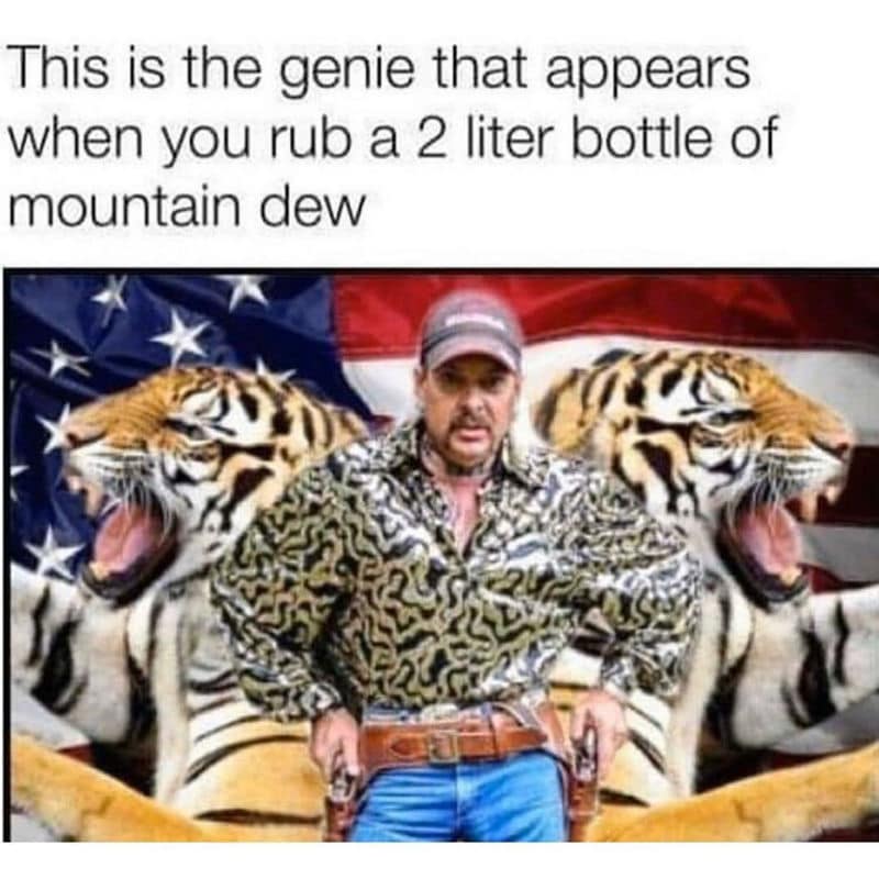 This meme is an image of Joe Exotic, a former zoo owner and convicted felon, with a humorous and exaggerated expression. The text above the image reads "This is the magic that happens when you rub a 2-liter bottle of Mountain Dew". The image is likely meant to be humorous and ironic, poking fun at the idea of a "magic" or "genie" that can be summoned by simply rubbing a bottle of soda.